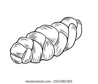 Challah traditional Jewish bread black white vector illustration isolated. Hand drawn Israelite bread challah sketch. Sweet roll monochrome line art painted for design signage, packaging, bakehouse.