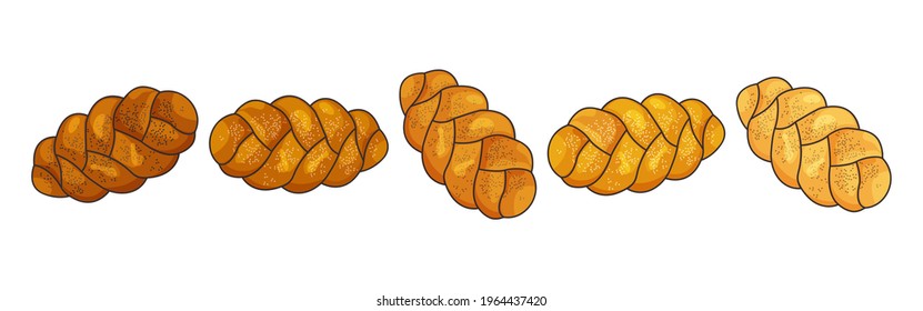 Challah vector icon. Holiday jewish braided loaf set, shabbat bread isolated on white background. Food illustration