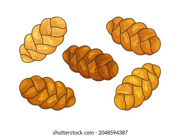 Challah vector set. Holiday jewish braided loaf icons, cartoon shabbat bread isolated on white background. Food illustration