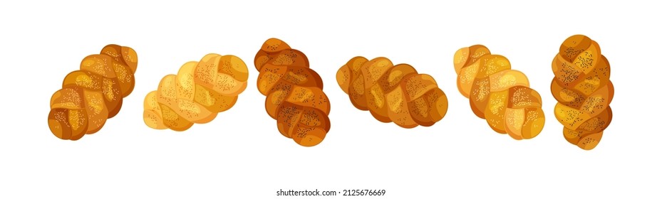 Challah Vector Set. Holiday Jewish Braided Loaf Icons, Cartoon Shabbat Bread Isolated On White Background. Food Illustration