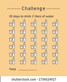 Challenge: 30 days to drink 2 liters of water. A checklist with the ability to paint over pictures when completing a task. Vector stock illustration.