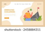 Challenge acceptance concept. Man watching confidently at mountain, ready to climb. Positive attitude towards achieving goals. Determination and goal-setting journey. Flat vector illustration