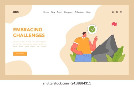 Challenge acceptance concept. Man watching confidently at mountain, ready to climb. Positive attitude towards achieving goals. Determination and goal-setting journey. Flat vector illustration