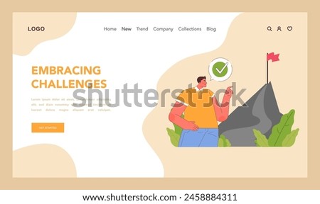Challenge acceptance concept. Man watching confidently at mountain, ready to climb. Positive attitude towards achieving goals. Determination and goal-setting journey. Flat vector illustration