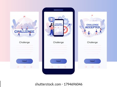 Challenge Accepted big text. Business challenge, goal achievement, success, winning. Screen template for mobile smart phone. Modern flat cartoon style. Vector illustration on white background