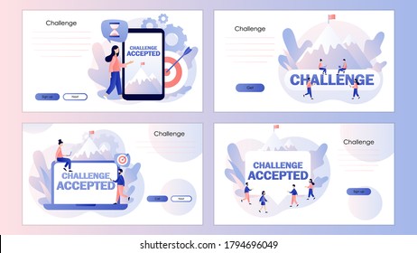 Desafío Texto grande aceptado. Negocios. Plantilla de pantalla para teléfono móvil inteligente, página de inicio, plantilla, ui, web, aplicación móvil, afiche, banner, volante. Estilo moderno de dibujos animados planos. Ilustración del vector 