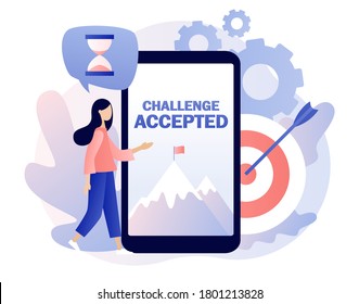 Challenge Accepted big text and flag on the mountain peak on screen smartphone. Business challenge, goal achievement, success, winning. Tiny girl for way to goal. Modern flat cartoon style. Vector 