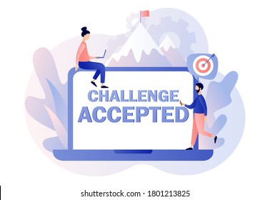 Challenge Accepted big text on screen laptop. Business challenge, goal achievement, success, winning. Tiny girl for way to goal. Flag on mountain peak. Modern flat cartoon style. Vector illustration