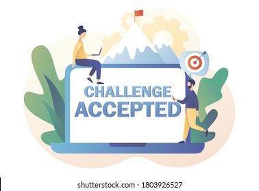 Challenge Accepted big text on screen laptop. Business challenge, goal achievement, success, winning. Tiny people for way to goal. Flag on mountain peak. Modern flat cartoon style. Vector illustration