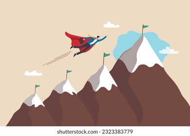 Challenge to achieve success milestone, goal or business target, winning mission or career development, growth or progress journey, aspiration concept, businessman super hero fly to mountain summit.