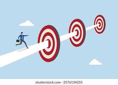 challenge to achieve targets and business goals, confidence entrepreneur navigating an arrow path towards goals. 