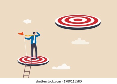 Challenge achievement or higher target, the way forward or next level, bigger business goal or aspiration concept, success businessman climb up ladder reaching goal and looking for next bigger step.