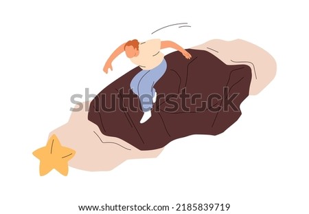 Challenge, achieving ambitious aim concept. Person overcoming obstacles, hurdles, reaching toward goal, success. Man taking risk with courage. Flat vector illustration isolated on white background