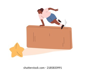 Challenge, ambition, aspiration concept. Overcoming obstacle, hurdle, barrier on way to success, achieving goal, aspiring to aim, objective. Flat vector illustration isolated on white background
