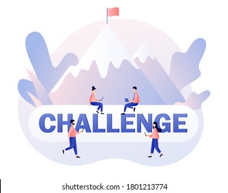 Challenge big text and tiny people for way to goal. Business challenge, goal achievement, success, winning. Flag on the mountain peak. Modern flat cartoon style. Vector illustration 