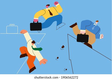 Challenge, business competition, risk concept. Business people competitors trying to jump over ravine or gap and reach other side achieve goals not to fail vector illustration 