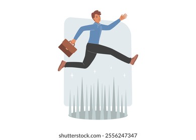 Challenge for business man jumping over dangerous obstacle on path to success and career growth. Man manager over trap with sharp spikes, symbolizing challenge for professional from corporate company