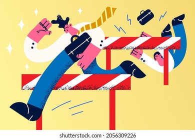 Challenge, business success, achievement and competition concept. Young smiling businessman cartoon character jumping over let while his colleague falling down vector illustration