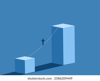 Challenge, Businessman balancing on a single rope to the goal