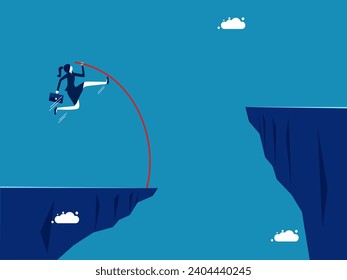 Challenge. Businesswoman pole vaulting over a cliff gap. 
