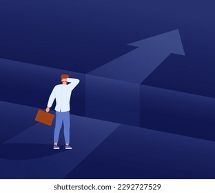 Challenge chasm. Overcome obstacle concept, determination businessman in front face of dangerous gap or problem barriers on way to success career goal, vector illustration of career determination