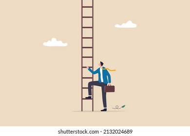 Challenge To Climb Up Success Ladder, Unknown Journey Ahead, Step To New Career Opportunity, Determination To Achieve Goal Concept, Confidence Businessman Look Up To Begin Climbing Ladder Of Success.