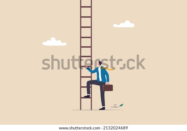 Challenge to climb up success ladder, unknown\
journey ahead, step to new career opportunity, determination to\
achieve goal concept, confidence businessman look up to begin\
climbing ladder of\
success.