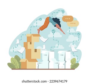 Concepto de desafío. Carácter superando obstáculos y obstáculos en camino al éxito. Logro de objetivos, desarrollo de la motivación. Ilustración vectorial plana