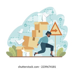 Concepto de desafío. Carácter superando obstáculos y obstáculos en camino al éxito. Logro de objetivos, desarrollo de la motivación. Ilustración vectorial plana