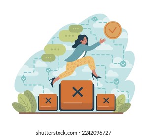 Challenge concept. Character overcoming obstacles and hurdles on way to success. Goal achievement, motivation development. Flat vector illustration