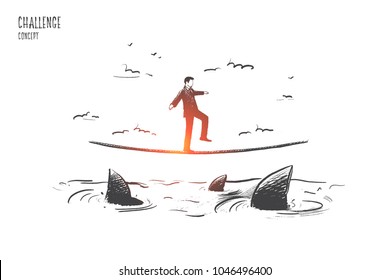 Challenge concept. Hand drawn businessman walking on rope above ocean with sharks. Risks and difficulties in business. isolated vector illustration.