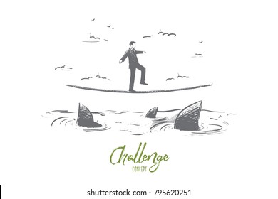 Challenge concept. Hand drawn businessman walking on rope above ocean with sharks. Risks and difficulties in business. isolated vector illustration.