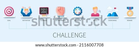 Challenge concept with icons. Goal, motivation, planning, determination, teamwork, skills, overcoming, reward. Business concept. Web vector infographic in 3D style