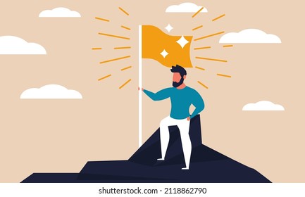 Challenge concept with man on hill mountain and climb high. People motivation illustration vector and character strategy direction. Triumph reach goal and ambition solution. Business career peak