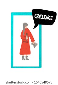 Challenge concept. Social media flashmob. Cute woman in phone screen. Vector illustration.