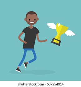 Challenge conceptual illustration. Young black character trying to catch a trophy / flat editable vector illustration, clip art