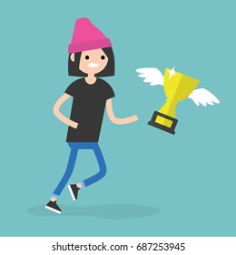 Challenge conceptual illustration. Young female character trying to catch a trophy / flat editable vector illustration, clip art