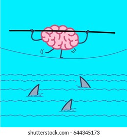 challenge and courage - conceptual vector illustration of brain balancing on rope over the water with sharks | flat design linear infographic icon on blue background