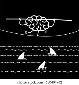 challenge and courage - conceptual vector illustration of brain balancing on rope over the water with sharks | flat design linear infographic icon white on black background