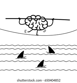 challenge and courage - conceptual vector illustration of brain balancing on rope over the water with sharks | flat design linear infographic icon black on white background