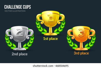 Challenge cups set. Applicable for game user interface. 1st, 2nd, 3rd places. 3d prizes illustration. Gold cup, silver cup, bronze cup. Eps10 vector illustration.