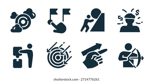 Challenge excellent icon collection. Set of target arrows, goal flag, uphill push, stress pressure, task execution, focus aim, hand direction, archery icons
