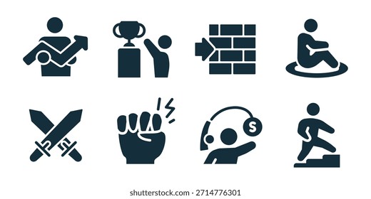 Fordern Sie eine hervorragende Ikonensammlung heraus. Set von Wachstumsdiagramm, Trophäe gewinnen, Barriere brechen, Kampf Position, gekreuzte Schwerter, Power Fist, Unterstützung Hilfe, Fortschritt Schritt Symbole