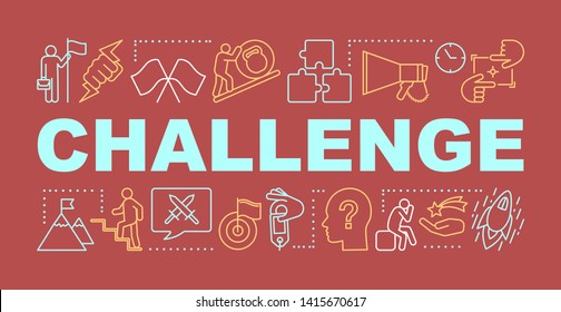 Challenge fire brick word concepts banner. Goal achievement, success, battle winning. Ambition, motivation. Presentation, website. Isolated typography with linear icons. Vector outline illustration