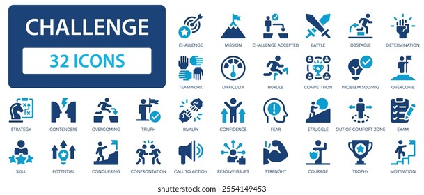 Challenge flat icons collection. Skill, goal, support, triumph, preparation, motivation, battle, problem solving, success, overcoming sign set.