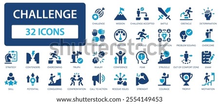 Challenge flat icons collection. Skill, goal, support, triumph, preparation, motivation, battle, problem solving, success, overcoming sign set.
