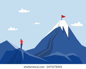 challenge and the goal,businessman looking for a way to his goal planning to reach the success flag on top of the mountain  leadership concept vector illustration.