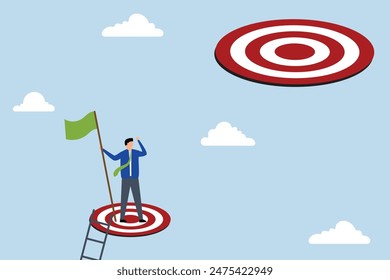 Challenge higher target, businessman climbing ladder, reaching goal and looking for next higher rung.