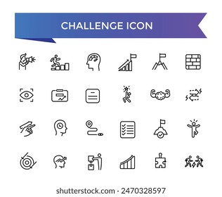 Icono de desafío colección. Relacionado con misión, competencia, obstáculo, batalla, resolución de problemas, trabajo en equipo, superación e iconos de triunfo.