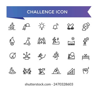 Challenge-Symbol-Kollektion. Verwandt mit Mission, Wettbewerb, Hindernis, Kampf, Problemlösung, Teamarbeit, Überwindung und Triumph Icons.